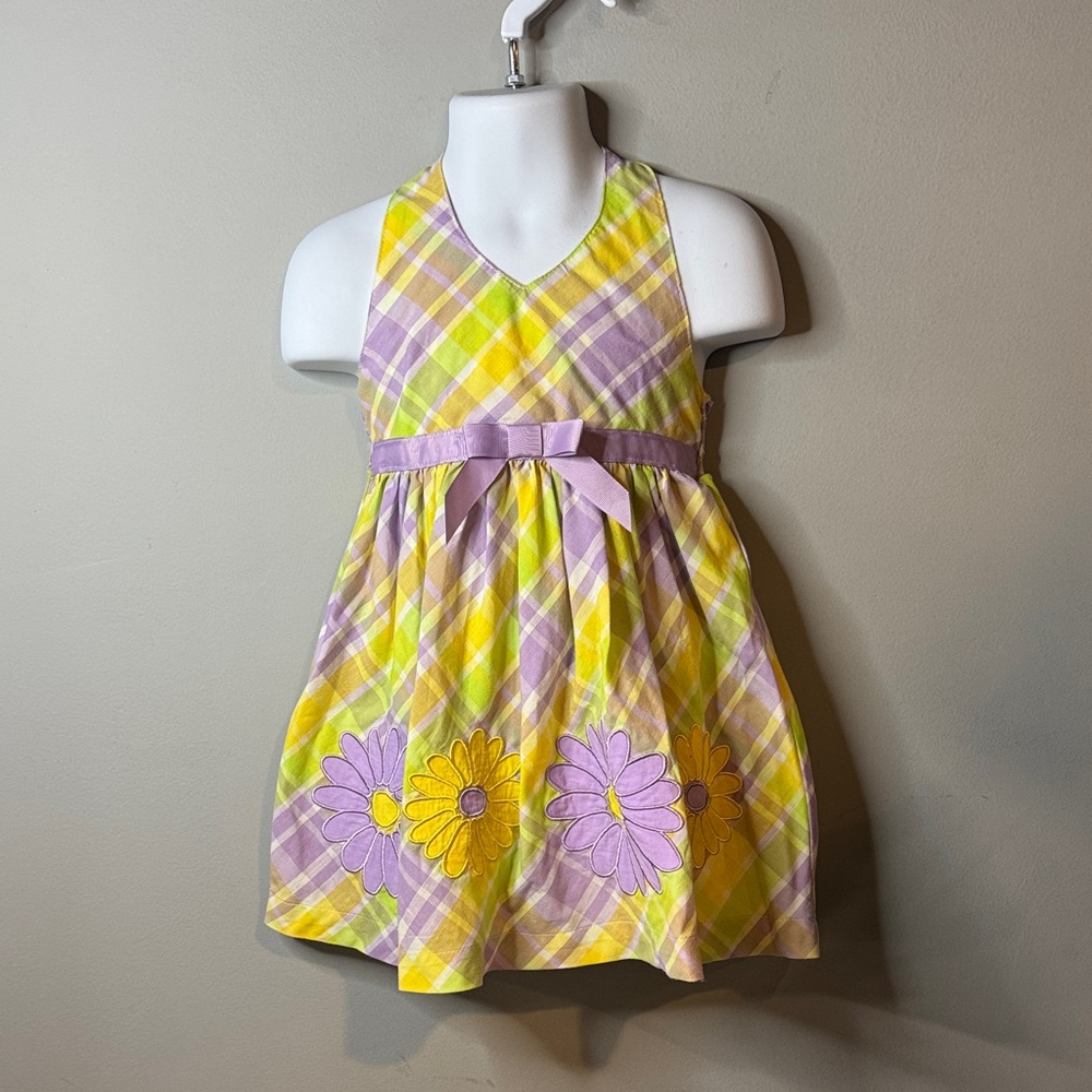 Wonderkids Yellow and Purple Plaid Dress with Floral Accents